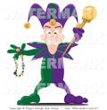 Clipart of a Mardi Gras Green and Purple Jester Holding a Wand and Beads