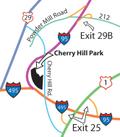 A map showing the roads in the immediate area of Cherry Hill Park including Cherry Hill Road, Route 1, Powder Mill Road and I-95.