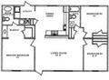 24'x48' (1152 square feet). Three bedrooms and 2 full baths