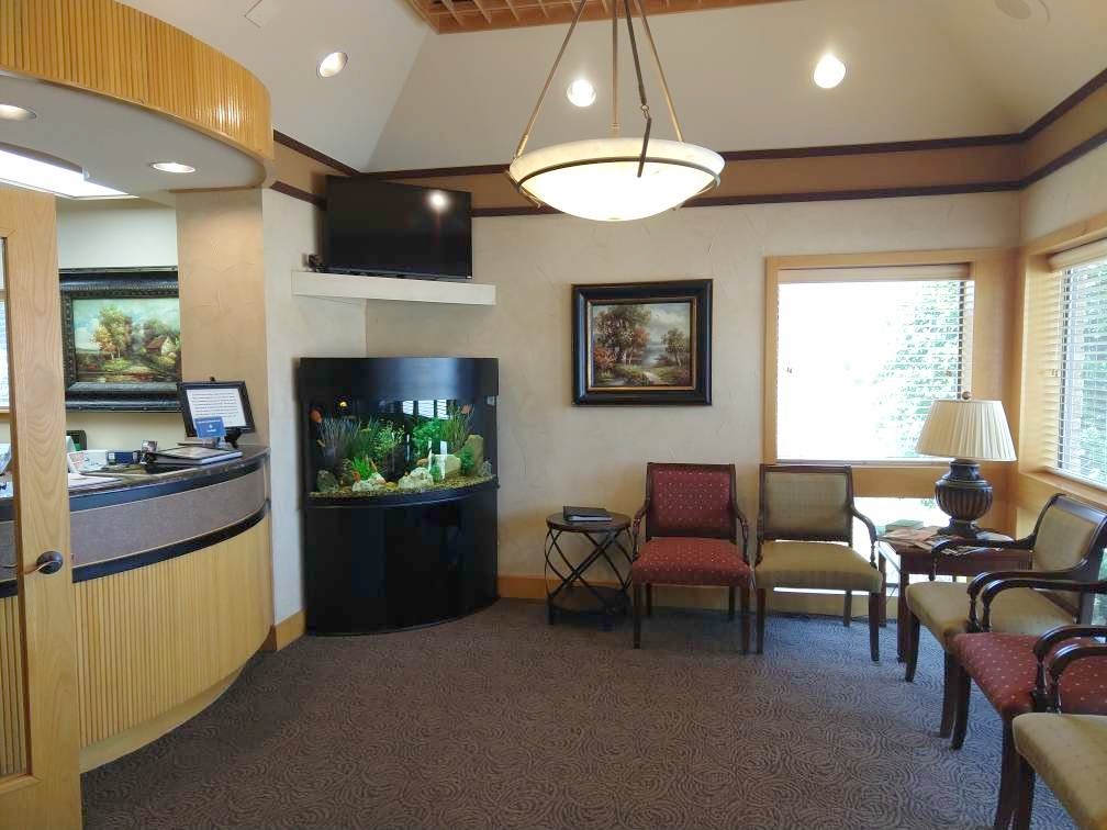 Waiting area and reception center at Bedford dentist Beelman Dental