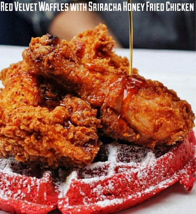 Mad Cow Grill Red Velvet Waffles with Sriracha Honey Fried Chicken