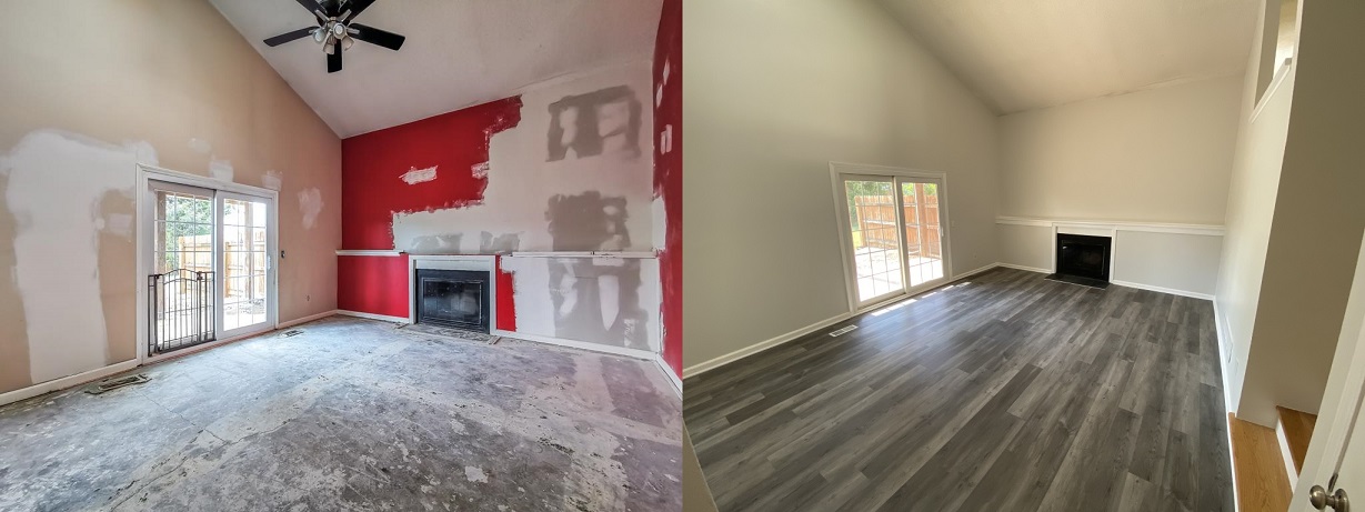 Before and after of living room rehab completed on Lenexa, KS house